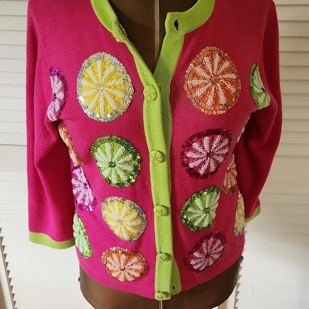 Jack B. Quick VTG 90s Beaded Sequin Cardigan Size M Pink Lime and Orange Holiday - Picture 3 of 10